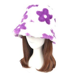 BNWT Purple Flower Print Faux Fur Plushy Bucket Hat